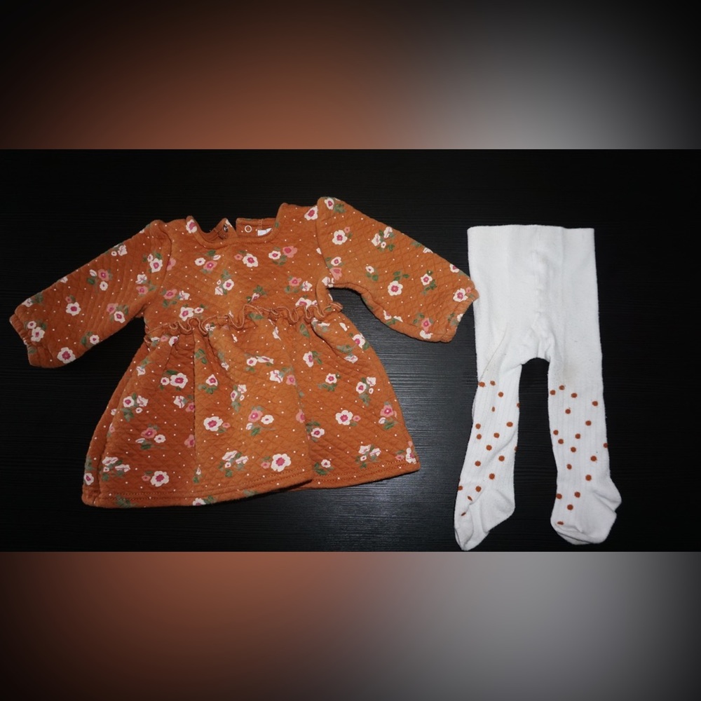 Catherine Malandrino Baby brown floral dress with matching polka dot tights